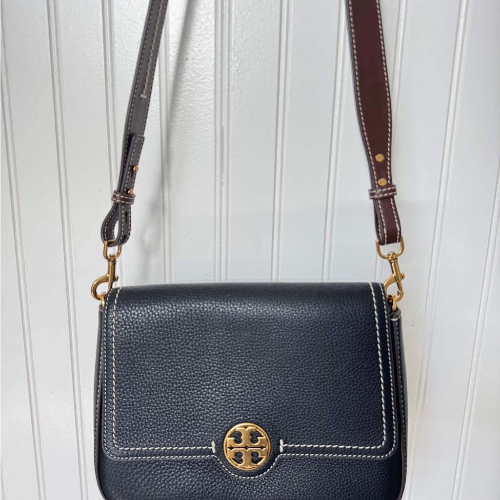 Tory Burch Black Pebbled Leather Crossbody With Brown Strap & Gold Hardware